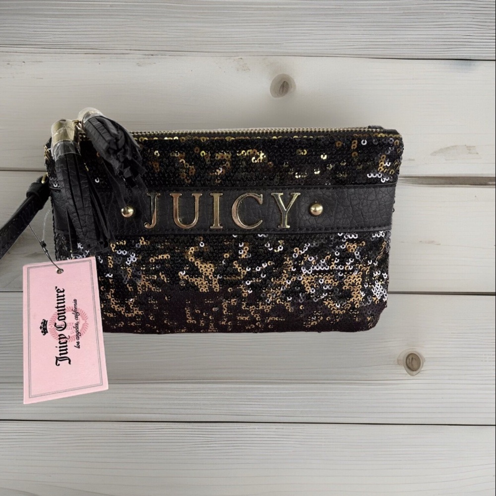 NWT Juicy Couture Gold and Black Sequin Double Zipper Wristlet Clutch - Picture 2 of 6